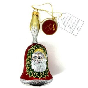 Vintage Christmas Home For The Holidays Glass Hanging Santa Wreath Ornament Bell
